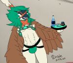  alcohol animal_humanoid anthro avian avian_humanoid beverage bird clothing condom decidueye feathered_wings feathers harness humanoid jockstrap male nintendo owl pok&eacute;mon pok&eacute;mon_(species) rhode_arts sexual_barrier_device simple_background solo stripper underwear unfinished video_games vodka waiter wings 