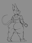  2021 anthro backsack balls beerus big_butt bodily_fluids butt clothing digital_media_(artwork) domestic_cat dragon_ball dragon_ball_super felid feline felis footwear genitals hairless hairless_cat hi_res locitony looking_at_viewer looking_back male mammal monochrome mostly_nude simple_background solo sphynx_(cat) standing sweat thick_thighs 