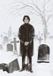  1boy absurdres black_coat black_footwear black_hair black_pants coat cross grave graveyard highres holding holding_shovel kaworunakano limited_palette long_sleeves original pants shoes short_hair shovel snow solo statue tombstone tree winter 