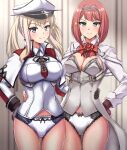  2girls absurdres ark_royal_(kancolle) bangs black_gloves blonde_hair blue_eyes blunt_bangs bob_cut breasts brown_gloves celtic_knot cleavage_cutout clothing_cutout corset cross fingerless_gloves flower gloves graf_zeppelin_(kancolle) hair_between_eyes hat highres inverted_bob iron_cross jacket kantai_collection large_breasts long_sleeves medium_breasts military military_uniform multiple_girls panties peaked_cap purple_eyes red_flower red_hair red_ribbon red_rose ribbon rose short_hair sidelocks tiara twintails underwear uniform white_corset white_jacket white_panties zanntetu 