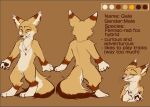  accessory anthro bell brown_body brown_fur canid canine digital_media_(artwork) english_text fennec fox fur hybrid looking_at_viewer male mammal model_sheet name_tag pawpads simple_background smile smirk solo standing text yellow_body yellow_eyes yellow_fur 