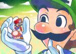  artist_request big_nose brown_hair cloud facial_hair full_body giant gloves hat luigi mario mario_&amp;_luigi:_dream_team mario_&amp;_luigi_rpg mario_(series) mushroom mustache overalls rain short_hair sky thick_eyebrows upper_body 