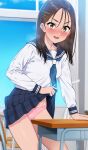  1girl bangs blue_neckerchief blue_sailor_collar blue_skirt blush breasts brown_hair classroom clothes_lift commentary_request crotch_rub desk female_masturbation hair_ornament hairclip highres lifted_by_self long_hair long_sleeves looking_at_viewer masturbation medium_breasts neckerchief original panties pink_panties pleated_skirt sailor_collar sanpaku school school_desk school_uniform serafuku skirt skirt_lift solo table_sex tsukimoto_kizuki underwear yellow_eyes 