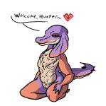  &lt;3 anthro bird_wyvern capcom chest_tuft colored degeneroid female frill_(anatomy) fur genitals jaggi monster_hunter pussy scalie simple_background slightly_chubby solo speech_bubble thick_thighs tuft video_games white_background 