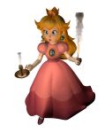  1girl 3d artist_request bangs blonde_hair blue_eyes brooch candle crown dress earrings high_heels highres jewelry long_hair mario_(series) mario_party mario_party_3 non-web_source pink_dress princess_peach retro_artstyle solo 