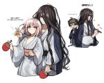  ... 1girl 2boys absurdres alternate_costume ball bangs breasts brown_eyes brown_hair cleavage closed_mouth danganronpa_(series) danganronpa_2:_goodbye_despair galaga grey_kimono hair_ornament highres hinata_hajime holding japanese_clothes kamukura_izuru kimono long_hair medium_hair multiple_boys multiple_views nanami_chiaki open_mouth paddle profile shiny shiny_hair short_hair sp0i0ppp striped striped_kimono sweatdrop table_tennis_ball table_tennis_paddle translation_request 