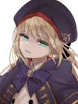  1girl artoria_caster_(fate) artoria_caster_(second_ascension)_(fate) artoria_pendragon_(fate) bangs blonde_hair blue_eyes blue_headwear bug butterfly buttons collared_shirt eyebrows_visible_through_hair fate/grand_order fate_(series) green_eyes hair_between_eyes hat light_smile long_hair looking_at_viewer non-web_source open_mouth shirt simple_background smile solo twintails white_background white_shirt 
