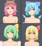  4girls absurdres blonde_hair blue_eyes blue_hair breasts cirno collarbone commentary_request daiyousei don&#039;t_say_&quot;lazy&quot; fairy_wings flat_chest frown green_eyes green_hair hair_ribbon hat highres ice ice_wings k-on! mob_cap multiple_girls mystia_lorelei nude one_side_up parody pink_eyes pink_hair red_eyes ribbon rumia small_breasts smile suwaneko team_9 touhou v-shaped_eyebrows wings 