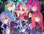  5girls absurdres bangs black_jacket blonde_hair blue_eyes blue_hair breasts brown_eyes brown_hair cleavage colored_sclera double_bun green_eyes green_hair hair_behind_ear hair_ornament heart heart_hair_ornament heterochromia highres horei_tsuna horns jacket long_hair macross macross_delta macross_delta:_zettai_live!!!!!! medium_breasts multicolored_hair multiple_girls open_mouth pink_hair purple_eyes purple_hair red_hair red_sclera short_hair single_horn skirt smile streaked_hair very_long_hair yami_freyja yami_kaname yami_makina yami_q_ray yami_reina yamikumo 