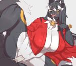  anthro azi_4081 big_breasts blush breasts canid canine clothed clothing female fur hair hi_res mammal solo spread_legs spreading tongue white_body 
