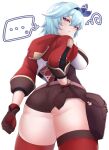  ... 1girl absurdres amber_(genshin_impact) amber_(genshin_impact)_(cosplay) ass blue_hair breasts brown_gloves brown_shorts clenched_hand cosplay eula_(genshin_impact) from_behind genshin_impact gloves highres hood hoodie kirima_(user_danf8787) large_breasts looking_at_viewer looking_back looking_down pouch red_hoodie red_legwear short_hair short_shorts shorts skindentation solo speech_bubble spoken_ellipsis thighhighs white_background 