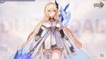  1girl armor armored_dress bianka_durandal_ataegina bianka_durandal_ataegina_(palatinus_equinox) blonde_hair blue_eyes breasts dress elbow_gloves fingerless_gloves gloves highres holding holding_sword holding_weapon honkai_(series) honkai_impact_3rd large_breasts long_hair looking_at_viewer multicolored_hair official_art official_wallpaper sword two-tone_hair very_long_hair weapon white_dress white_hair 