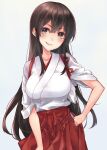  1girl akagi_(kancolle) blush breasts brown_eyes brown_hair closed_mouth collarbone grey_background hair_between_eyes hakama hakama_skirt highres japanese_clothes kamidanomi kantai_collection large_breasts long_hair red_hakama short_sleeves simple_background skirt smile solo tasuki upper_body 