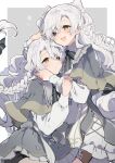  2girls bangs black_bow black_bowtie blush bow bowtie capelet closed_mouth cowboy_shot dress expressionless fang fluffy frilled_dress frills grey_capelet grey_dress hair_between_eyes hair_bow head_hug highres holding_another&#039;s_arm hug ikeuchi_tanuma long_braid long_hair looking_afar low-tied_long_hair multiple_girls open_mouth original school_uniform smile white_hair yellow_eyes 