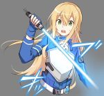  1girl armor bangs beam_saber blonde_hair blue_gloves blue_jacket breastplate eugeo eyebrows_visible_through_hair fingerless_gloves floating_hair genderswap genderswap_(mtf) gloves green_eyes grey_background hair_between_eyes holding holding_sword holding_weapon jacket long_hair open_mouth shiny shiny_hair shoura simple_background sketch solo straight_hair sweatdrop sword sword_art_online very_long_hair weapon 