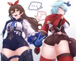  ... 2girls absurdres amber_(genshin_impact) amber_(genshin_impact)_(cosplay) ass blue_footwear blue_gloves blue_hair blue_shorts boots breasts brown_eyes brown_gloves brown_hair brown_shorts clenched_hand cosplay costume_switch eula_(genshin_impact) eula_(genshin_impact)_(cosplay) eyebrows_visible_through_hair genshin_impact gloves hair_ribbon high-waist_shorts highres hood hoodie kirima_(user_danf8787) large_breasts looking_at_viewer looking_back looking_down medium_breasts multiple_girls musical_note pouch red_hoodie red_legwear red_ribbon ribbon shirt short_hair short_shorts shorts skindentation smile speech_bubble spoken_ellipsis spoken_musical_note thigh_boots thighhighs v white_background white_shirt 