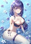  1girl armlet bangs bikini black_bikini blunt_bangs bracelet braid braided_ponytail breasts earrings eyebrows_visible_through_hair flower flower_bracelet flower_on_liquid genshin_impact hair_flower hair_ornament hairclip highres jewelry large_breasts long_hair navel necklace nowsicaa parted_lips partially_submerged purple_eyes purple_flower purple_hair purple_nails raiden_shogun side-tie_bikini sitting solo stomach swimsuit tassel tassel_earrings thigh_strap water wet white_flower yokozuwari 