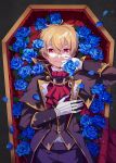  1boy ascot bangs blonde_hair blue_flower blue_rose closed_mouth coat coffin eugeo eyebrows_visible_through_hair fang fang_out flower gloves hair_between_eyes highres long_sleeves looking_at_viewer lying male_focus on_back pants petals purple_coat purple_pants purple_vest red_ascot red_eyes rose shiny shiny_hair short_hair shoura smile solo sword_art_online vampire vest white_gloves 