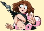 1girl absurdres blush bodysuit boku_no_hero_academia breasts brown_eyes brown_hair clothes_pull cropped_torso english_commentary eyebrows_visible_through_hair hands_up highres hook inker_comics looking_down midriff navel open_mouth short_hair sidelocks simple_background solo spread_fingers tearing_clothes torn_clothes underboob upper_body uraraka_ochako yellow_background 