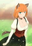  1girl absurdres animal_ears blush brave_witches breasts choker cleavage closed_mouth dirndl dog_ears dog_tail dress eyebrows_visible_through_hair german_clothes green_eyes gundula_rall highres kukoroko large_breasts looking_at_viewer orange_hair shiny shiny_hair short_hair smile solo tail world_witches_series 