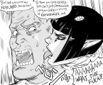  2020 baalbuddy black_hair bodily_fluids bruno_bucciarati cheek_lick comic cosplay duo elf english_text face_lick fangs female female_(lore) hair hi_res humanoid humanoid_pointy_ears humor jojo&#039;s_bizarre_adventure licking male male/male monochrome open_mouth orc sweat text this_taste_is_the_taste_of_a_liar tongue tongue_out 