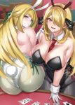  2girls :d :o alternate_costume animal_ears ass between_breasts black_leotard blonde_hair blurry blurry_background breasts card casino covered_navel cynthia_(pokemon) detached_collar fake_animal_ears from_behind glint gloves green_eyes grey_eyes grey_legwear hair_ornament hair_over_one_eye highres hikari_(komitiookami) large_breasts lens_flare leotard light_particles long_hair looking_at_viewer looking_up lusamine_(pokemon) mature_female multiple_girls necktie necktie_between_breasts open_mouth parted_lips playboy_bunny playing_card pokemon pokemon_(game) pokemon_dppt pokemon_sm poker_table rabbit_ears rabbit_tail red_necktie smile sparkle tail very_long_hair wavy_hair white_gloves white_legwear white_leotard wrist_cuffs 