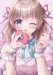  1girl ;d bangs blue_bow blush bow breasts brown_hair commentary_request doughnut eyebrows_visible_through_hair food food_on_face hair_between_eyes hair_ribbon hands_up highres holding holding_food kohinata_hoshimi long_hair medium_breasts one_eye_closed original pink_background pink_shirt puffy_short_sleeves puffy_sleeves purple_eyes purple_ribbon ribbon shirt short_sleeves smile solo two_side_up upper_body wrist_cuffs 