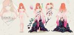  1girl ass bangs branch breasts brown_hair character_sheet closed_mouth flower hair_ornament highres koinu_emiko leaf long_hair multiple_views navel nev_(nevblindarts) nude original pink_eyes rose small_breasts standing 