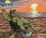  alcohol back_rolls beach beach_chair beer belly beverage butt canid canine canis clothing cooler corona_(beer) detailed_background domestic_dog drinking german_shepherd herding_dog hi_res male mammal moobs neck nipples obese obese_male overweight overweight_male pastoral_dog rear_view seaside southernyote sunset swimwear 