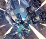  amasaki_yusuke artist_name chain_gun green_eyes gun gundam gundam_heavyarms_custom gundam_wing gundam_wing_endless_waltz holding holding_gun holding_weapon mask mecha moon no_humans one_eye_covered science_fiction smoke solo upside-down v-fin weapon 