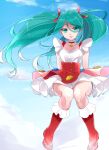  1girl blue_eyes blue_hair boots choker cloud collarbone dress floating_hair hair_between_eyes high-waist_skirt kuroki_manatsu long_hair masuko_(masuko_112) red_choker red_footwear red_skirt skirt sky solo twintails utakata white_dress 