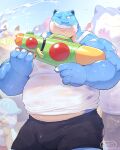  2022 anthro belly big_belly blastoise blue_body blush bottomwear bulge clothing group hi_res humanoid_hands male nintendo o-ro one_eye_closed overweight overweight_male pikachu pok&eacute;mon pok&eacute;mon_(species) shirt shorts snorlax songkran topwear toy toy_gun video_games water water_gun wet wet_clothing wet_shirt wet_topwear wink 