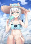  1girl animal_hat bangs bikini blush braid day food fox_tail hat highres hololive long_hair looking_at_viewer navel open_mouth outdoors popsicle shirakami_fubuki side_braid single_braid sitting solo sun_hat swimsuit tail touhourh virtual_youtuber white_hair 