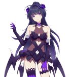  bangs bare_shoulders breasts cleavage closed_mouth dress elbow_gloves gloves halloween_costume highres honkai_(series) honkai_impact_3rd horns long_hair ponytail purple_dress purple_eyes purple_gloves purple_hair purple_legwear raiden_mei raiden_mei_(lightning_empress) simple_background single_thighhigh thighhighs white_background zoooyt 