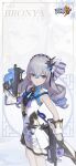  black_gloves blue_hair bronya_zaychik bronya_zaychik_(haxxor_bunny) chinese_clothes dress drill_hair gloves grey_eyes grey_hair gun half_gloves highres holding holding_gun holding_weapon honkai_(series) honkai_impact_3rd long_hair looking_at_viewer multicolored_hair official_art official_wallpaper sleeveless sleeveless_dress smile two-tone_hair weapon white_dress wrist_cuffs 