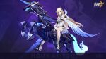  1girl armor armored_dress bianka_durandal_ataegina bianka_durandal_ataegina_(palatinus_equinox) blonde_hair blue_eyes dress hair_ornament high_heels highres honkai_(series) honkai_impact_3rd horseback_riding long_hair looking_at_viewer mechanical_horse official_art official_wallpaper riding white_dress white_footwear 