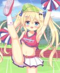  1girl arm_up armpits ass_visible_through_thighs belt blonde_hair blue_eyes blush breasts cheerleader clothes_lift cloud fang hair_ornament hairclip high_kick kicking leg_up legs long_hair midriff navel open_mouth original outdoors pom_pom_(cheerleading) prunus_ume red_footwear red_shirt shirt shoes skirt skirt_lift sky sleeveless sleeveless_shirt small_breasts smile socks solo sweat thighs twintails underboob visor_cap white_skirt 