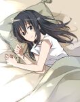  1girl absurdres bangs bare_legs bed_sheet black_hair black_shirt closed_mouth eyebrows_visible_through_hair facial_mark from_above hair_between_eyes highres izawa_shizue long_hair lying on_side pillow shiny shiny_hair shirt short_sleeves shoura smile solo straight_hair t-shirt tensei_shitara_slime_datta_ken under_covers 