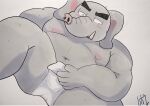  2022 anthro asian_clothing belly big_belly blush clothing east_asian_clothing elephant elephantid fundoshi grey_body hi_res humanoid_hands japanese_clothing kemono male mammal moobs nipples overweight overweight_male pol6473 proboscidean simple_background solo underwear white_clothing white_fundoshi white_underwear 