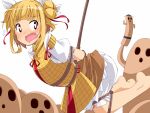  1girl arm_up arms_behind_back bangs barefoot bdsm black_eyes blonde_hair blush bow breasts brown_dress commentary_request double_bun dress eyebrows_visible_through_hair flying_sweatdrops hair_ribbon hand_up haniwa_(statue) hemogurobin_a1c joutouguu_mayumi legs_up looking_at_another looking_to_the_side medium_breasts nervous open_mouth puffy_short_sleeves puffy_sleeves red_bow red_ribbon restrained ribbon shirt short_hair short_sleeves shorts simple_background solo sweat sweatdrop touhou white_background white_ribbon white_shirt white_shorts yellow_dress 