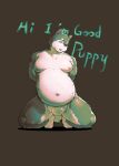  2021 anthro belly big_belly black_nose bulge canid canine canis clothed clothing domestic_dog english_text eyewear glasses good_boy green_body kemono kneeling male mammal moobs nipples overweight overweight_male pixiv_id_4528489 text underwear underwear_only 