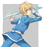  1boy bangs blonde_hair blue_flower blue_jacket blue_rose border eugeo eyebrows_visible_through_hair flower green_eyes grey_background hair_between_eyes holding holding_sword holding_weapon jacket long_sleeves looking_at_viewer male_focus open_mouth rose shiny shiny_hair short_hair shoura sketch solo sword sword_art_online weapon white_border 
