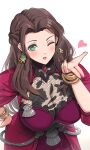  1girl blush bracelet breasts brown_hair commentary_request dorothea_arnault dress fire_emblem fire_emblem:_three_houses fire_emblem_warriors:_three_hopes forehead gonzarez green_eyes hand_up heart highres jewelry large_breasts leaning_forward long_hair looking_at_viewer one_eye_closed parted_lips pink_dress puffy_short_sleeves puffy_sleeves short_sleeves simple_background solo upper_body white_background 