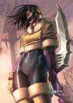  1girl alita arm_blade battle_angel_alita black_bodysuit black_eyes black_hair bodysuit brown_gloves brown_jacket cropped_jacket cyborg floating_hair fur_trim gloves hair_behind_ear highres jacket looking_down medium_hair panzer_(pnzrk) single_glove solo weapon 