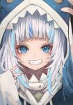  1girl animal_hood bangs blue_eyes blunt_bangs eyebrows_visible_through_hair gawr_gura highres hololive hololive_english hood looking_at_viewer multicolored_hair nyucha shark_hood sharp_teeth smile solo teeth two-tone_hair upper_body virtual_youtuber white_hair 