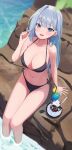  1girl :d absurdres bare_arms bare_shoulders bikini black_bikini blue_eyes blue_hawaii breasts cleavage commission hair_twirling halter_top halterneck hand_up highres large_breasts long_hair looking_at_viewer minn_(kangjm1107) navel open_mouth original second-party_source side-tie_bikini sitting smile solo stomach string_bikini swimsuit thighs tropical_drink water white_hair 