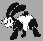  2022 anthro black_and_white black_body butt clothed clothing digital_drawing_(artwork) digital_media_(artwork) disney genital_outline genitals lagomorph leporid male mammal monochrome oswald_the_lucky_rabbit presenting presenting_hindquarters qoolguyart rabbit simple_background smile solo toony underwear 