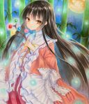  1girl absurdres bamboo bangs black_hair blush bow branch brown_eyes eyebrows_visible_through_hair forest frilled_sleeves frills full_moon highres holding houraisan_kaguya jeweled_branch_of_hourai light_smile long_hair long_sleeves looking_at_viewer marker_(medium) moon natsume_nadeshiko nature night outdoors sample_watermark shirt skirt solo tanabata touhou traditional_media tree very_long_hair wide_sleeves 