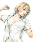  1girl bangs blonde_hair bra breasts brown_eyes cleavage collared_shirt commentary_request looking_at_viewer lying medium_breasts medium_hair on_back original parted_lips partially_unbuttoned shirt simple_background solo temutemutemu underwear upper_body white_background white_bra white_shirt 