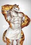  ambiguous_fluids anthro clothed clothing felid fur hi_res male mammal muscular muscular_anthro muscular_male nipples pantherine partially_clothed scar solo striped_body striped_fur stripes tiger towel towel_only traver009 vein veiny_muscles wet 